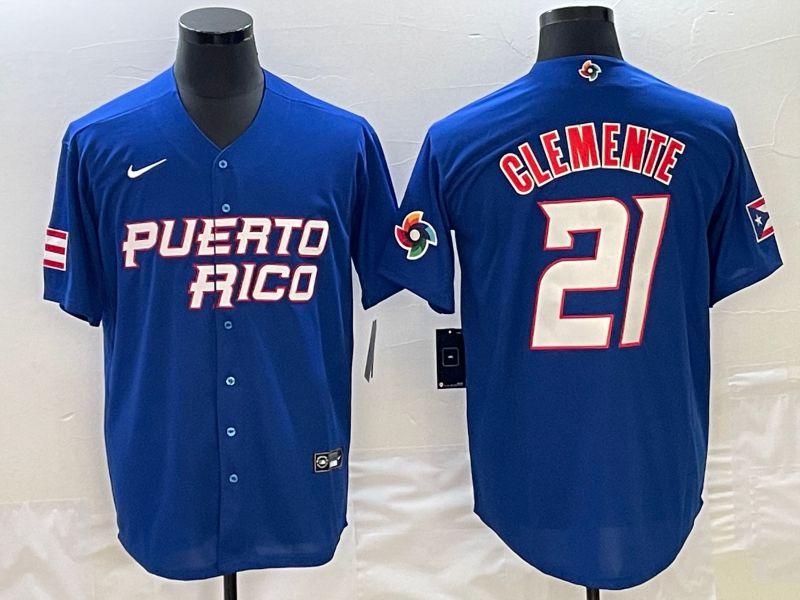 Men 2023 World Cub Puerto Rico 21 Clemente Blue Nike MLB Jersey2